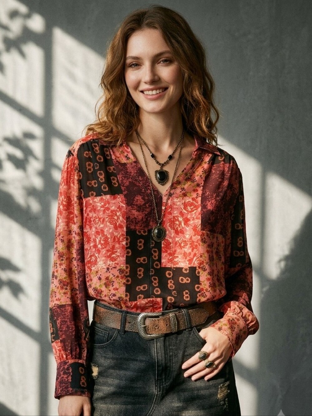 Anthropologie Porridge Patchwork Boho Rayon Button Front Blouse Terracotta M